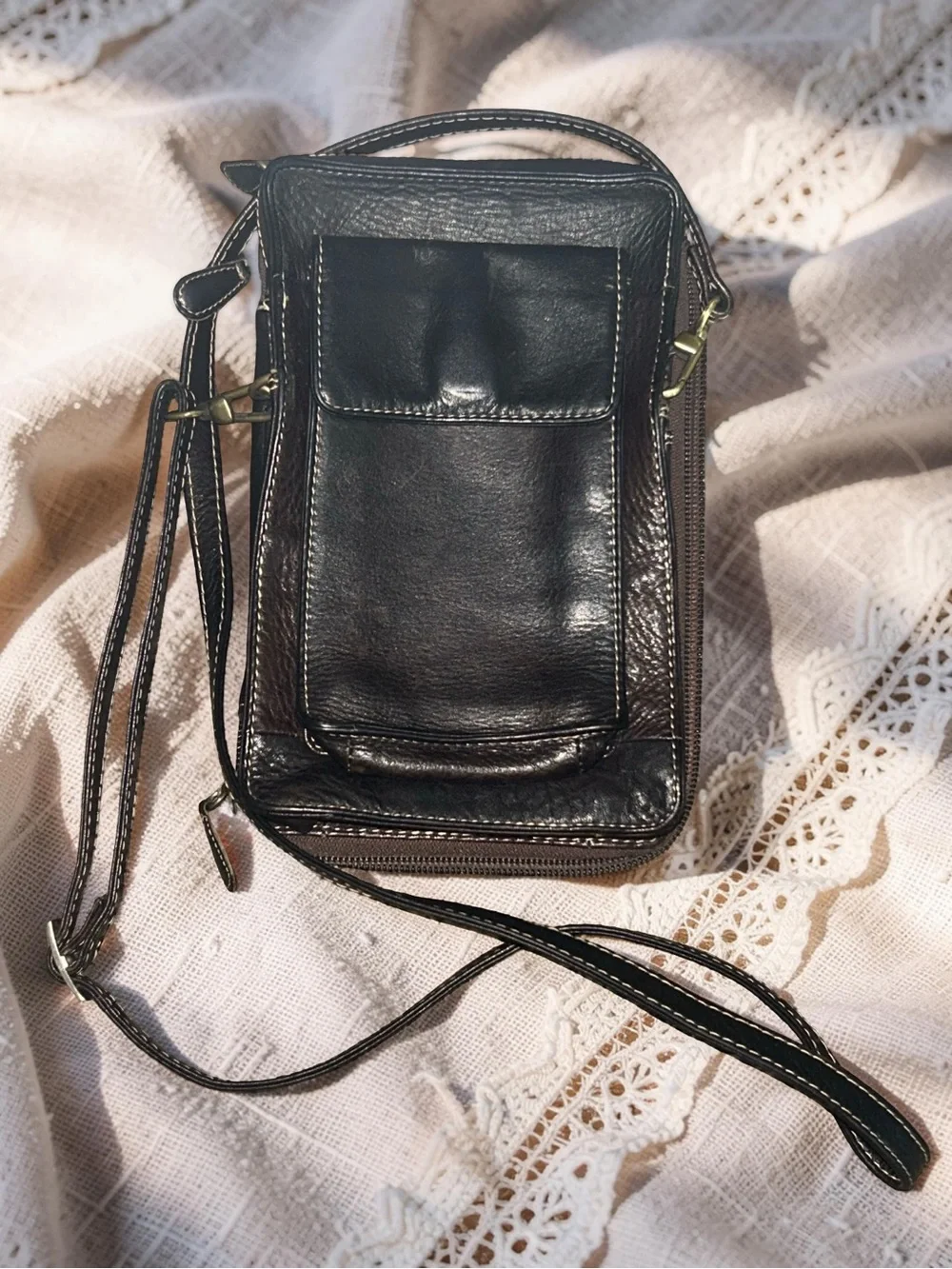 Derek Alexander Crossbody Handbag Dk Brown Leather Top Zip Organizer